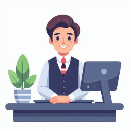 Young businessman working at the computer. Vector illustration in a flat styleのイラスト素材