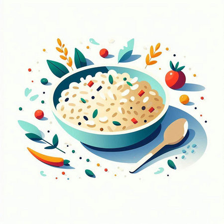 Rice porridge in a bowl with spoon. Vector illustration.のイラスト素材