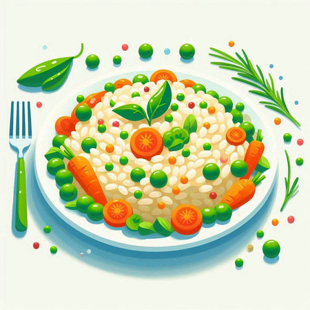 Risotto with green peas and carrots. Healthy food. Vector illustration.のイラスト素材