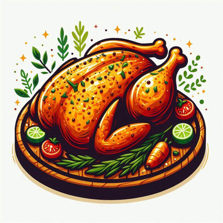 Roast chicken on a wooden plate with vegetables. Vector illustration.のイラスト素材