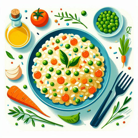 Risotto with green peas, carrots and olives. Healthy food. Vector illustrationのイラスト素材