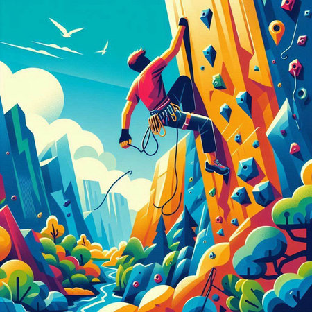 illustration of a rock climber climbing on a wall in the cityのイラスト素材