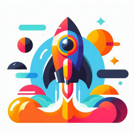 Rocket launch with colorful abstract background. Vector illustration for your design.のイラスト素材