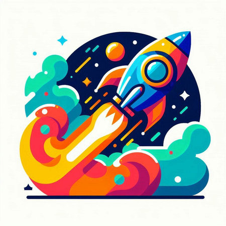 Rocket launch into space. Vector illustration in flat linear style on white background.のイラスト素材