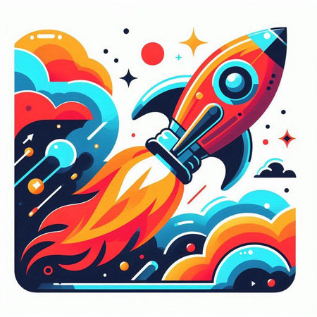 Rocket in the space. Vector illustration in a flat style on a white background.のイラスト素材