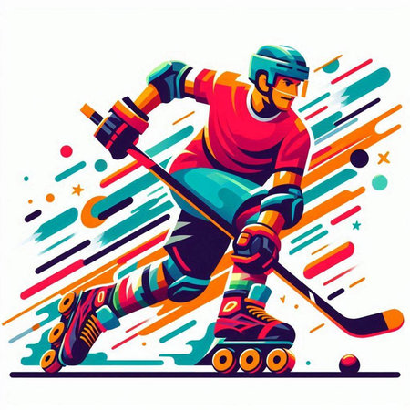 Hockey player on roller skates. Vector illustration in retro styleのイラスト素材
