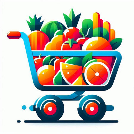Shopping cart full of fresh fruits and vegetables. Vector illustration.のイラスト素材
