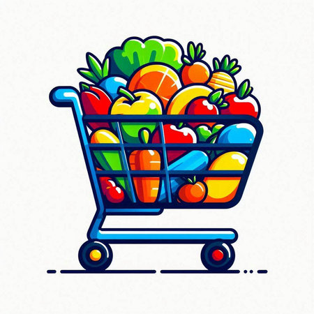 Shopping cart full of fresh fruits and vegetables. Vector illustration.のイラスト素材
