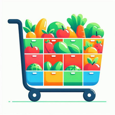 Shopping cart full of fresh fruits and vegetables. Vector illustration.のイラスト素材