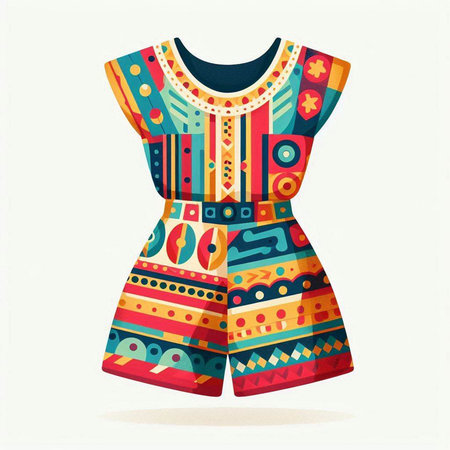 Fashionable women's dress with colorful geometric ornament. Vector illustration.のイラスト素材