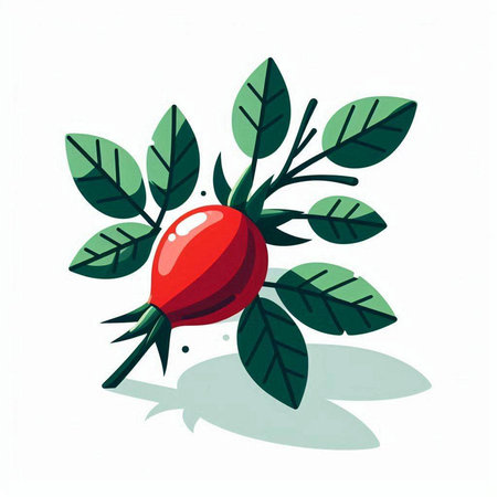 Rose hip branch with green leaves isolated on white background. Vector illustration.のイラスト素材