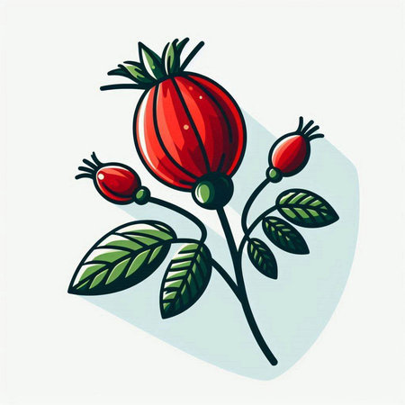 Vector illustration of a rosehip branch with red berries and leaves.のイラスト素材