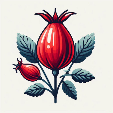 Rosehip branch with berries and leaves. Vector illustration in cartoon style.のイラスト素材