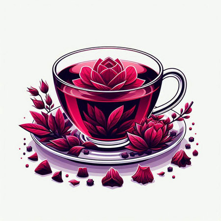 Cup of tea with rose petals and berries. Vector illustration.のイラスト素材