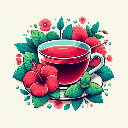Cup of tea with hibiscus flowers. Vector illustration.のイラスト素材