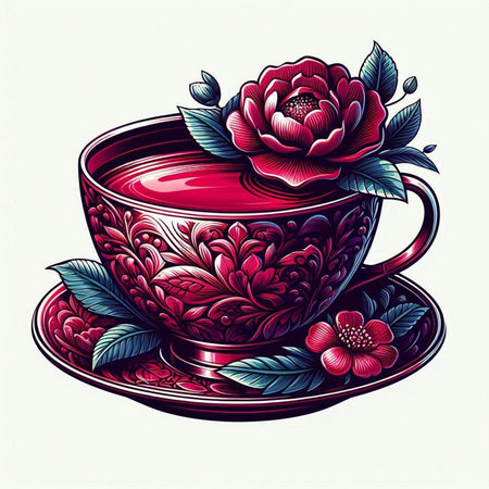 Cup of tea with peony flower. Hand drawn vector illustration.のイラスト素材