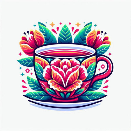 Cup of tea with floral ornament on white background. Vector illustration.のイラスト素材