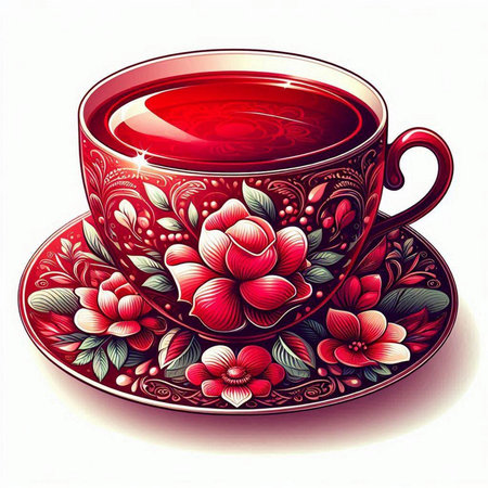 Red cup of tea with floral ornament on a white background. Vector illustration.のイラスト素材