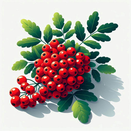 Bunch of red rowan berries with green leaves. Vector illustration.のイラスト素材