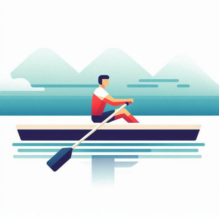 Man rowing on a boat on the river. Vector illustration.のイラスト素材