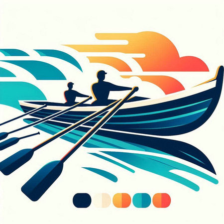 Rowing boat with paddlers in the ocean. Vector illustration.のイラスト素材