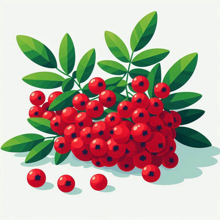 Bunch of red rowan berries with green leaves. Vector illustration.のイラスト素材
