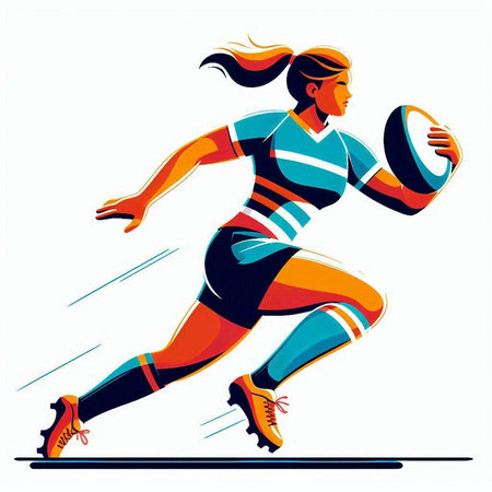 Illustration of a running woman with a rugby ball on a white backgroundのイラスト素材