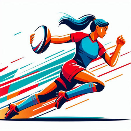 Woman rugby player running with ball. Colorful vector illustration for your designのイラスト素材