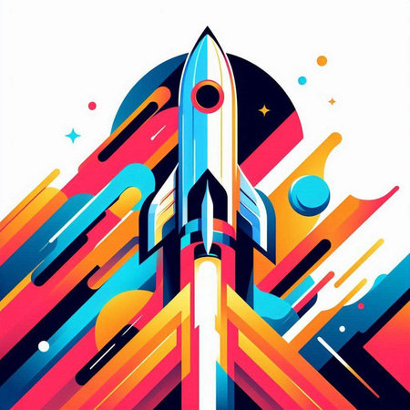 Rocket in the space. Vector illustration in a flat style. Abstract background.のイラスト素材
