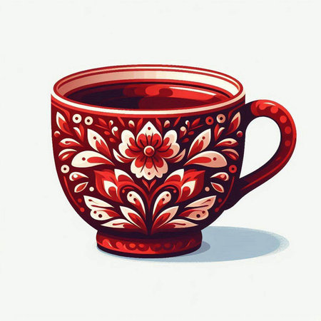 Vector image of a red cup with floral ornament on a white backgroundのイラスト素材