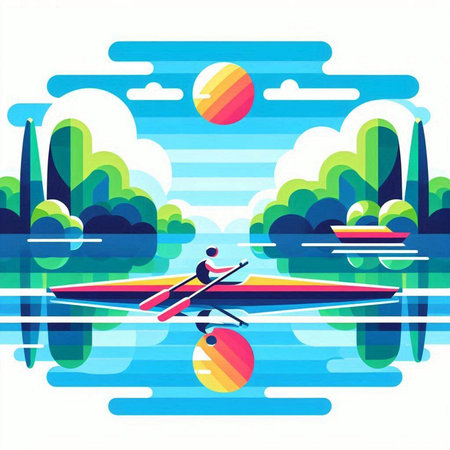 Man rowing on a boat in the lake. Vector illustration.のイラスト素材