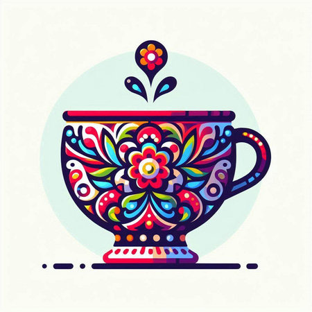 Colorful vector illustration of a cup of tea with floral ornament.のイラスト素材