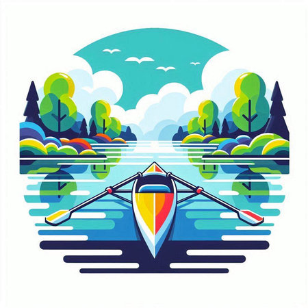 Kayak on the lake in the forest. Flat vector illustration.のイラスト素材
