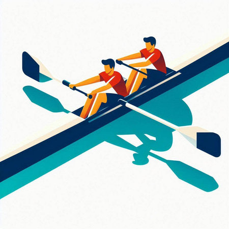 Rowing. Two men rowing a rowing boat. Vector illustration.のイラスト素材