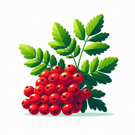 Bunch of red rowan berries with green leaves on white backgroundのイラスト素材
