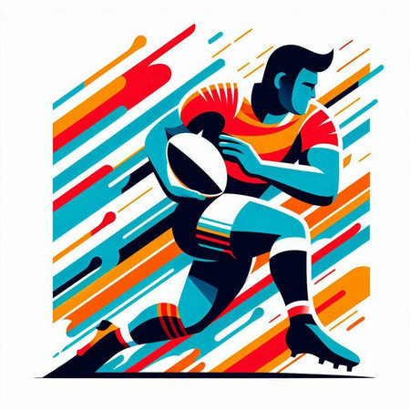 Rugby player with ball, vector illustration. Colorful abstract background.のイラスト素材