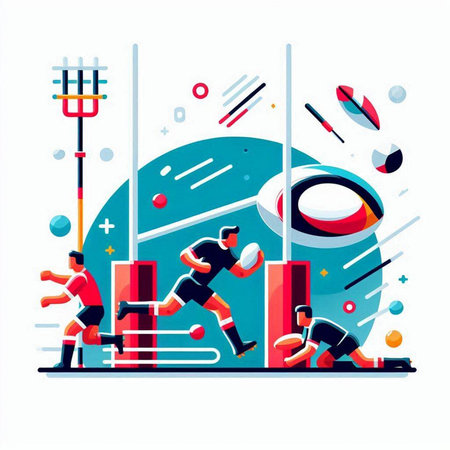 Rugby players in action. Vector illustration in flat style.のイラスト素材