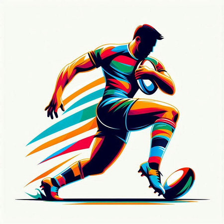 Rugby player with ball in action, vector sport illustration.のイラスト素材