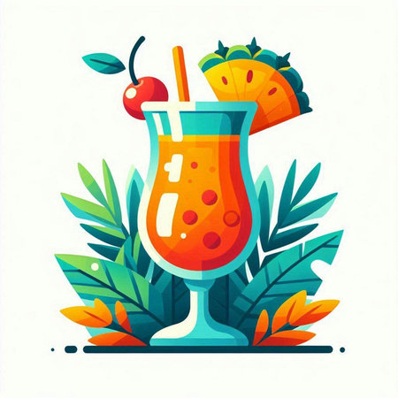 Cocktail vector illustration in flat cartoon style. Cocktail with fruits and leaves.のイラスト素材