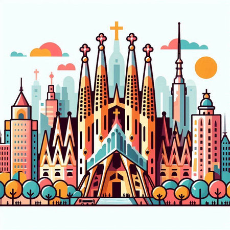Church on background of the city. Vector illustration in flat style.のイラスト素材