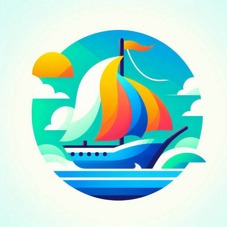 Sailing ship in the sea. Colorful vector illustration in flat styleのイラスト素材
