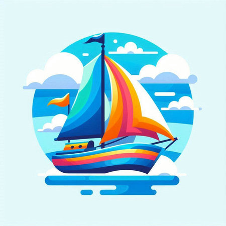 Sailing boat on the sea. Vector illustration in flat style.のイラスト素材