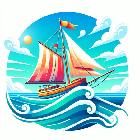 Sailing boat on the sea. Vector illustration of sailboat.のイラスト素材