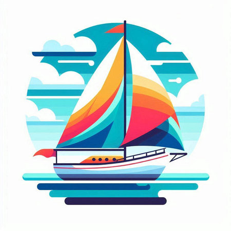 Sailing boat on the sea. Vector illustration in flat style.のイラスト素材