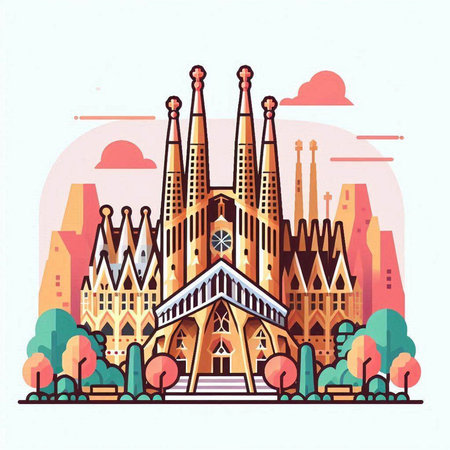 Cityscape of Barcelona, Spain. Vector illustration in flat style.のイラスト素材