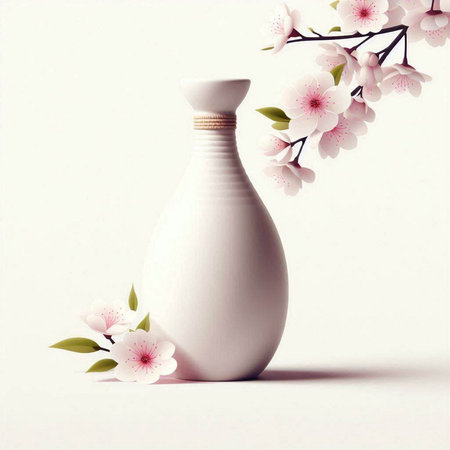 Ceramic vase with blooming sakura branch on white backgroundのイラスト素材