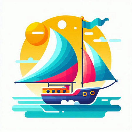 Sailing boat on the sea, vector illustration. Flat style.のイラスト素材