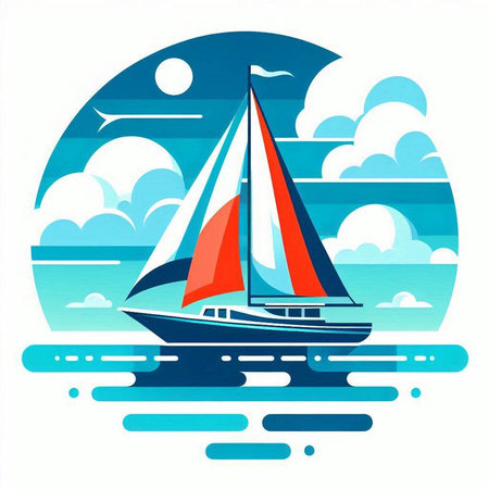 Sailing yacht in the sea. Vector illustration in flat style.のイラスト素材