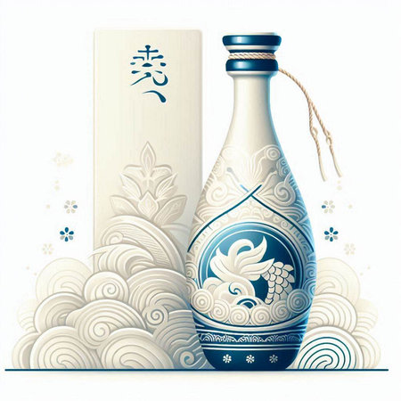 Chinese New Year Greeting Card with Bottle of Wine. Vector Illustration.のイラスト素材