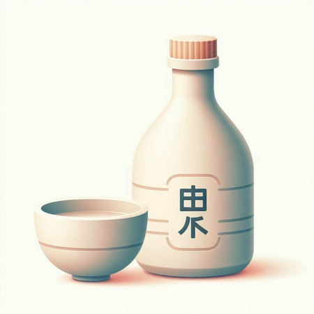 Japanese sake in a glass bottle and a bowl on a white backgroundのイラスト素材